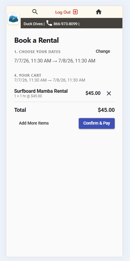 Rental booking cart review screen with rental window, item, and Confirm and Pay button