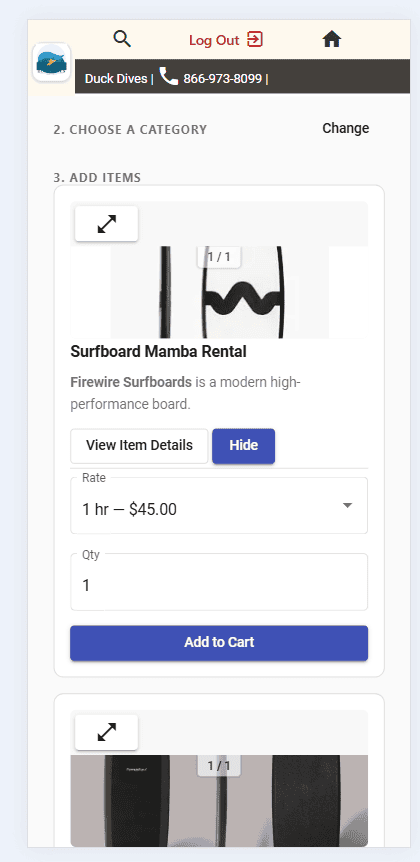 Rental booking panel showing rate dropdown, quantity, and Add to Cart button