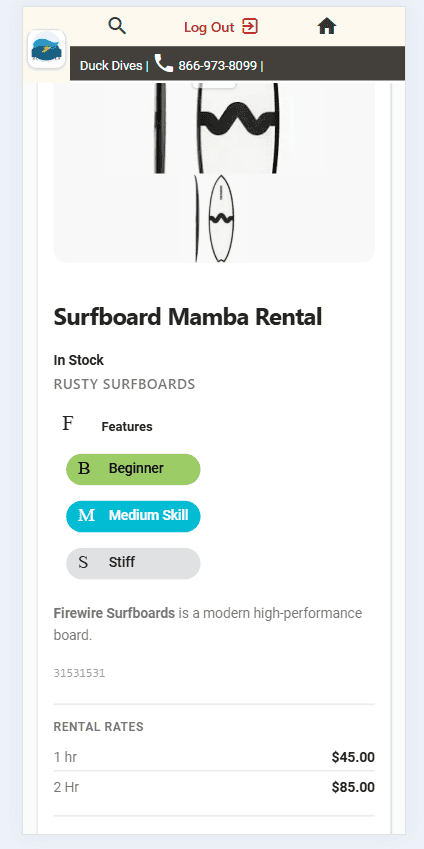 Rental item detail page showing features, tags, and rental rates