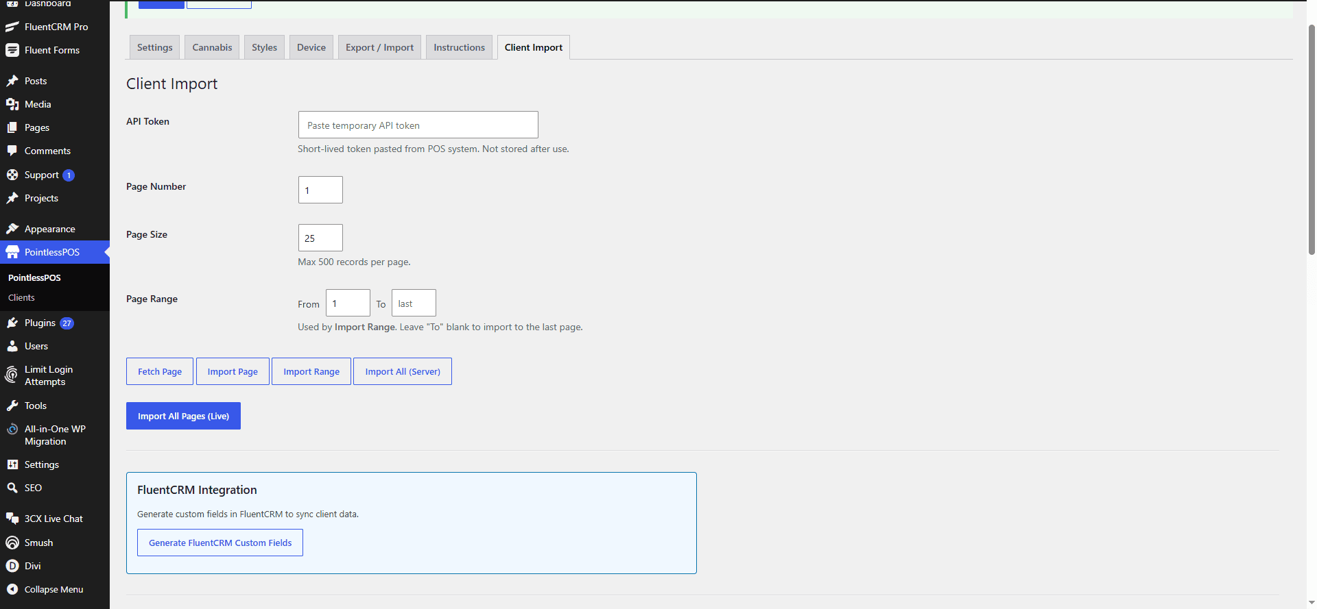 Pointless POS WordPress admin showing the Clients Client Import panel and FluentCRM Integration box with a Generate FluentCRM Custom Fields button