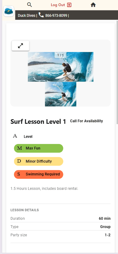 Lesson details Lesson detail page showing level badges, duration, type, and party size