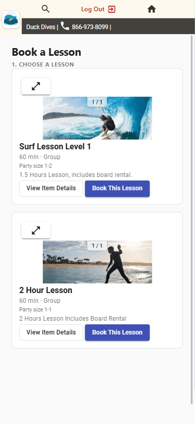 Choose a lesson Book a Lesson page showing a list of lesson cards with duration, type, and party size