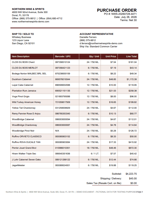 Sample vendor purchase order