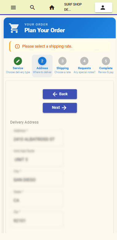 Delivery address Checkout screen showing the delivery address entry step of the shipping wizard