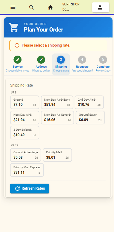 Shipping rates Checkout screen showing live carrier shipping rate options from UPS and USPS