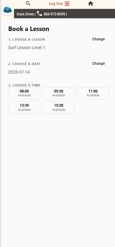 Choose a time Choose a time screen showing available lesson time slots for a selected date